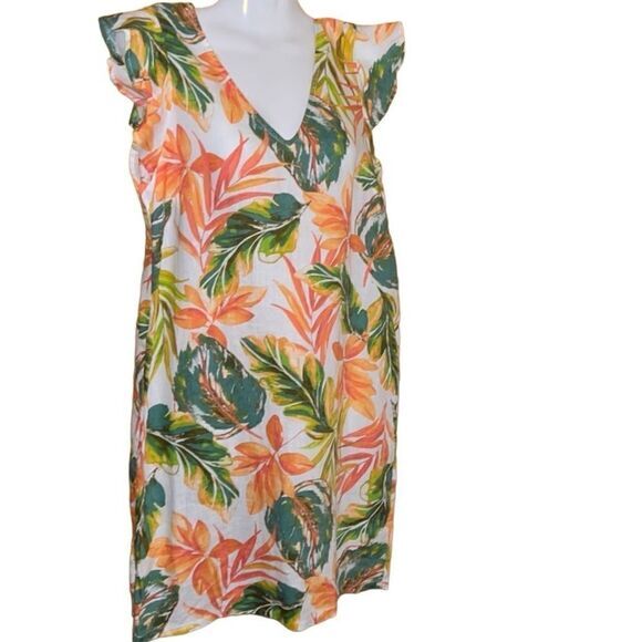 Nicole Miller Dress XS 100% linen Floral Tropical Vacation Flutter Sleeve ‎ NWT - Picture 3 of 7
